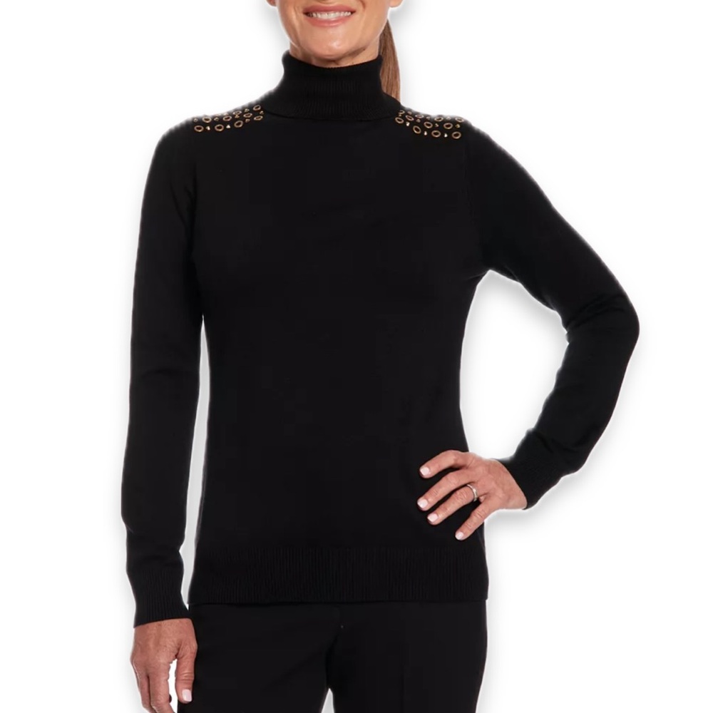 Joseph A Black Turtleneck With Grommet & Rhinestones on Shoulder Woman’s Size M